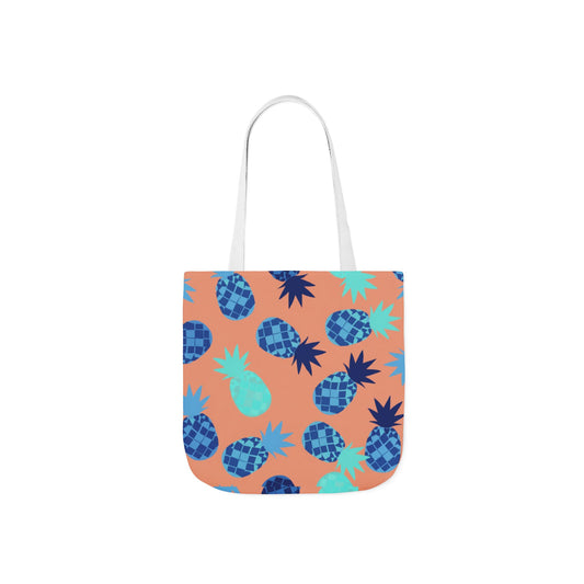 Tropical Pineapple Canvas Tote Bag — Coral & Teal Patterned Beach Market Bag