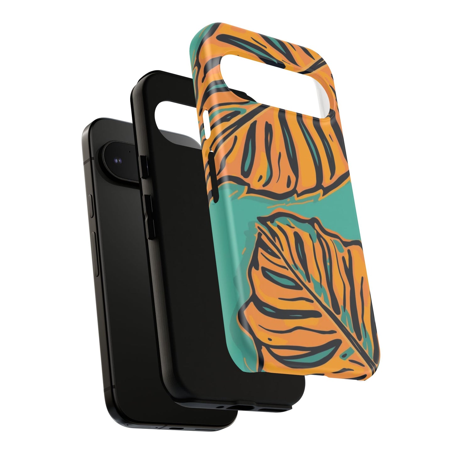 Tropical Leaf Tough Phone Case — Orange Monstera Design on Teal