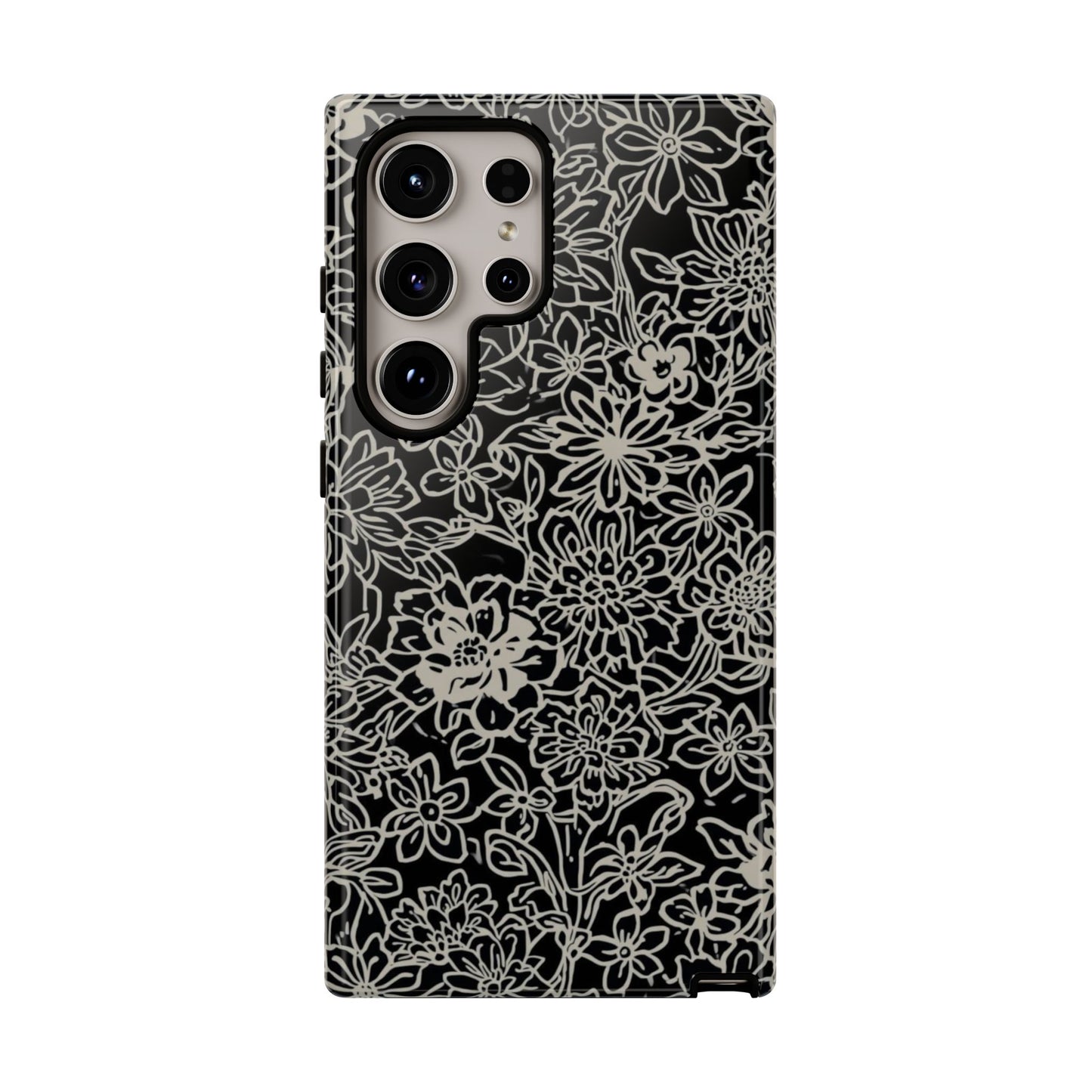 Floral Doodle Tough Phone Case — Black & White Sketch Flower Protective Cover