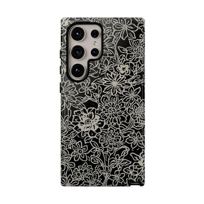 Floral Doodle Tough Phone Case — Black & White Sketch Flower Protective Cover