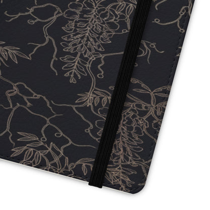 Botanical Noir Flip Phone Case — Dark Floral Wallet Cover with Card Slots