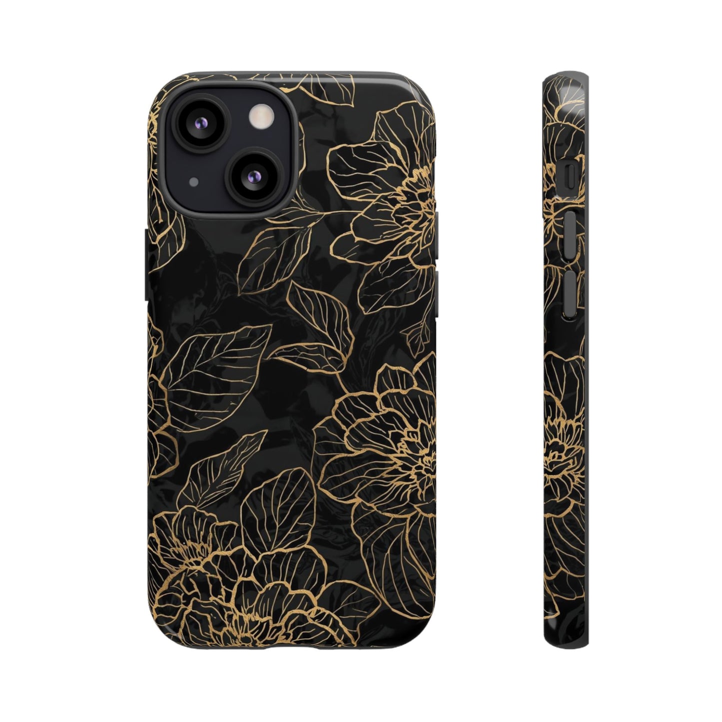 Floral Gold Outline Tough Phone Case – Black Botanical Protective Cover