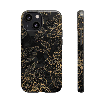 Floral Gold Outline Tough Phone Case – Black Botanical Protective Cover