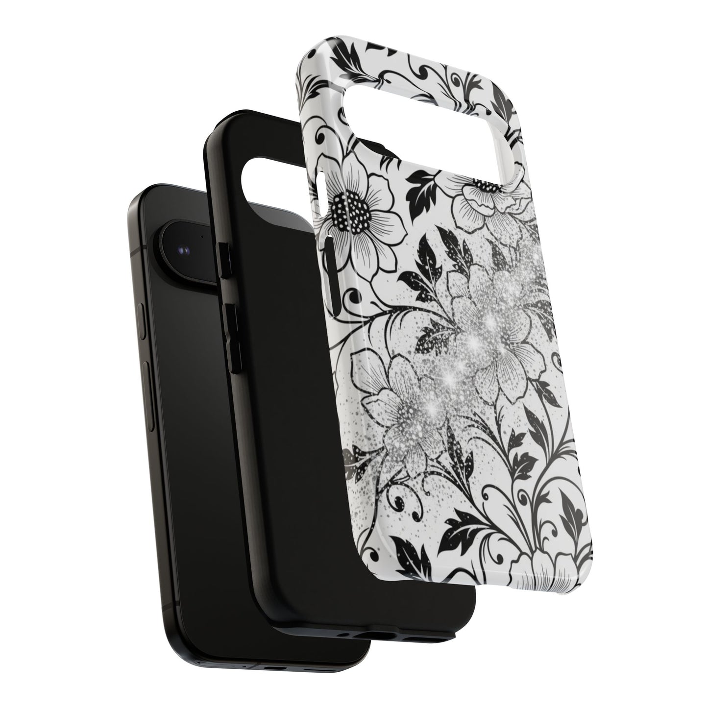 Floral Lace Phone Case — Black & White Vintage Flower Protective Case