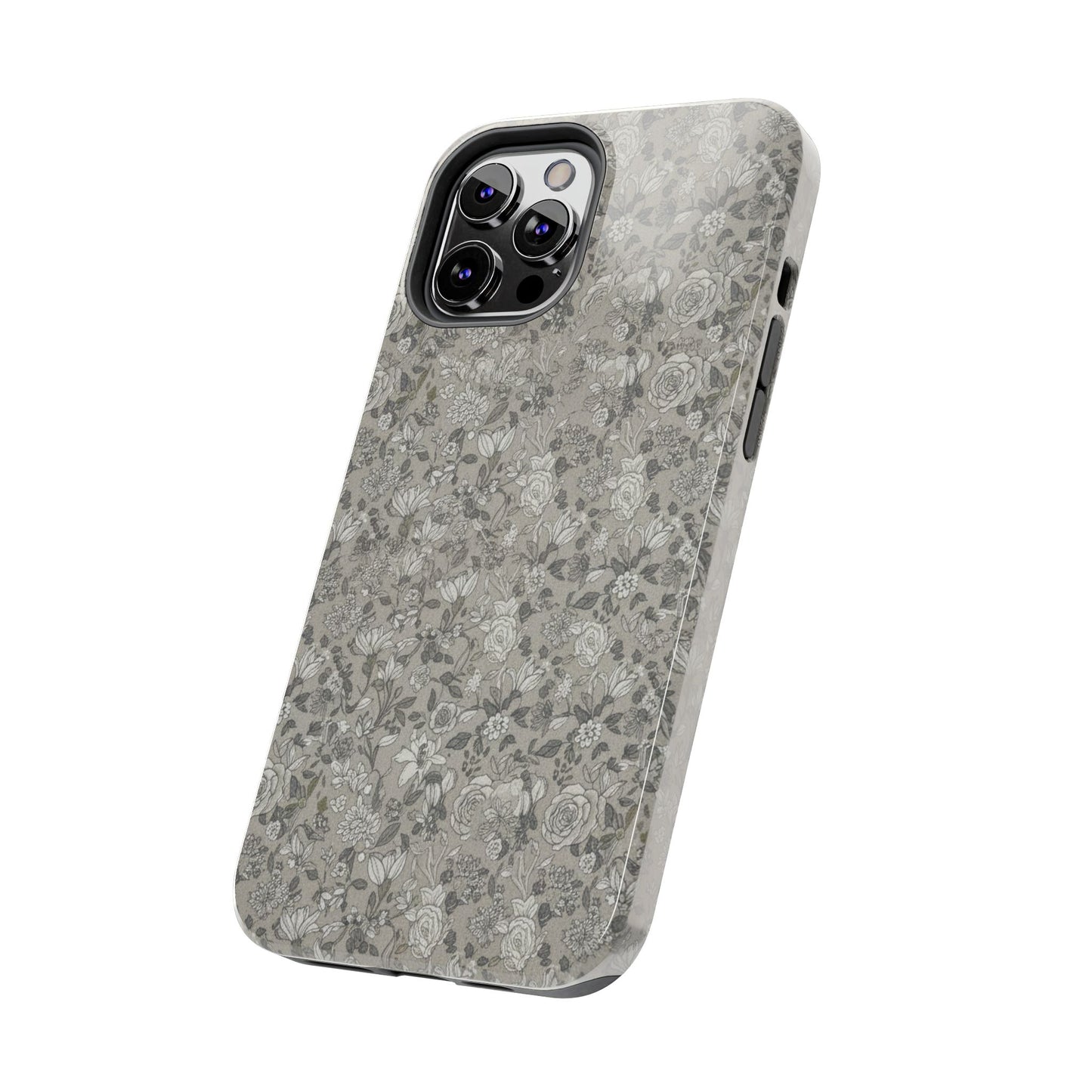 Gray Floral Tough Phone Case — Durable Protective Phone Cover with Vintage Botanical Pattern