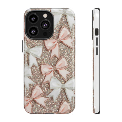 Glitter Bow Tough Phone Case — Pink & White Ribbon Protective Cover