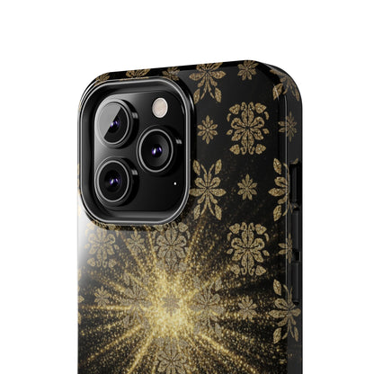 Glitter Burst Tough Phone Case — Black & Gold Floral Protective Cover