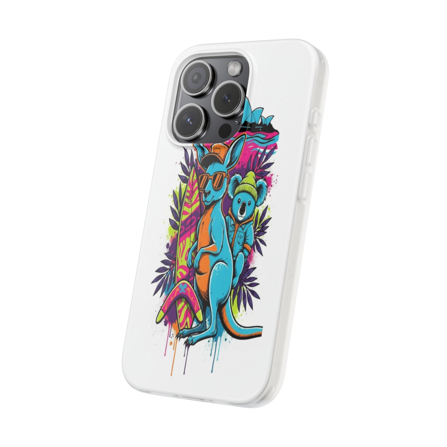 Kangaroo & Koala Surf Phone Case — Neon Aussie Beach Vibes Flexible Case