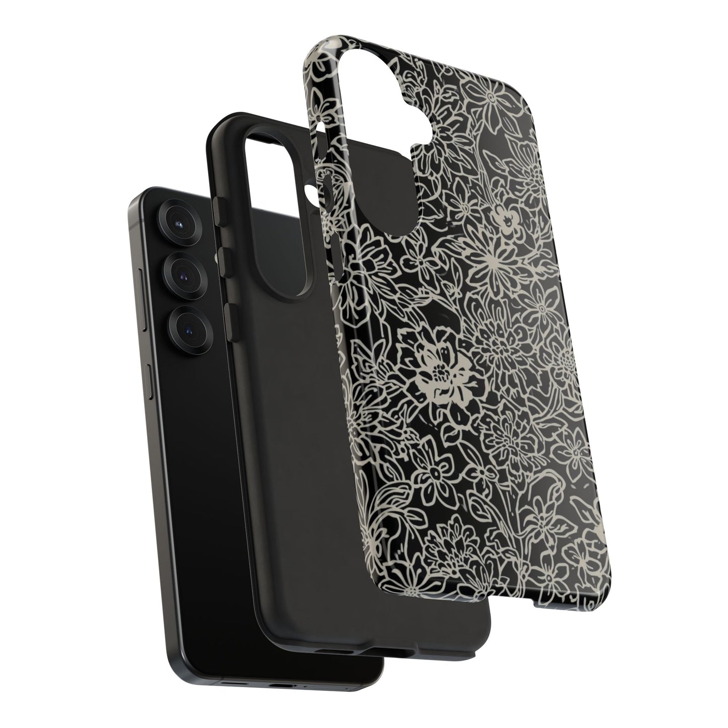 Floral Doodle Tough Phone Case — Black & White Sketch Flower Protective Cover