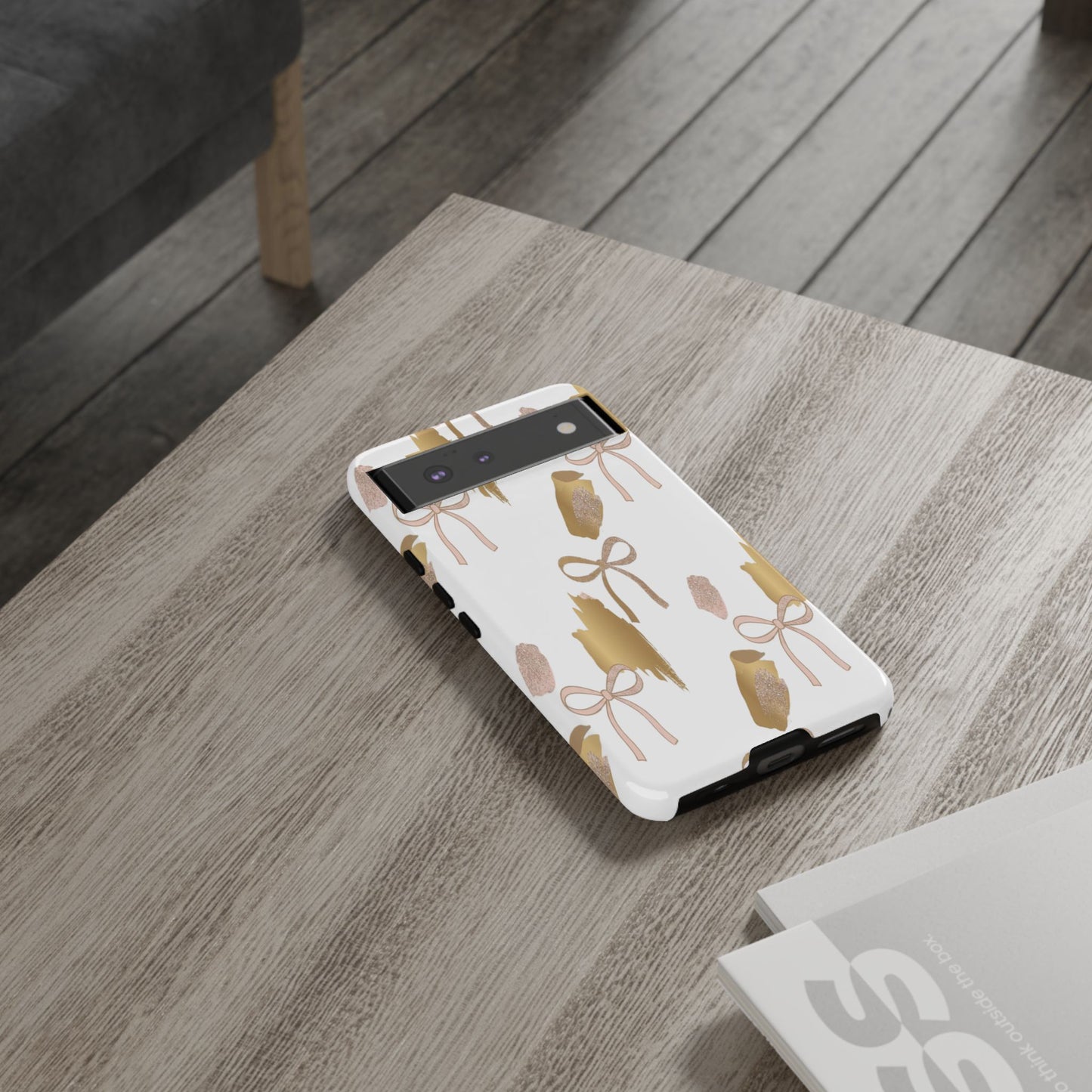 Phone Case — Gold Brushstroke & Blush Bow Pattern