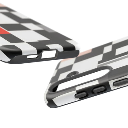 Abstract Geometric Phone Case – Black & White Checker Grid with Red Accent