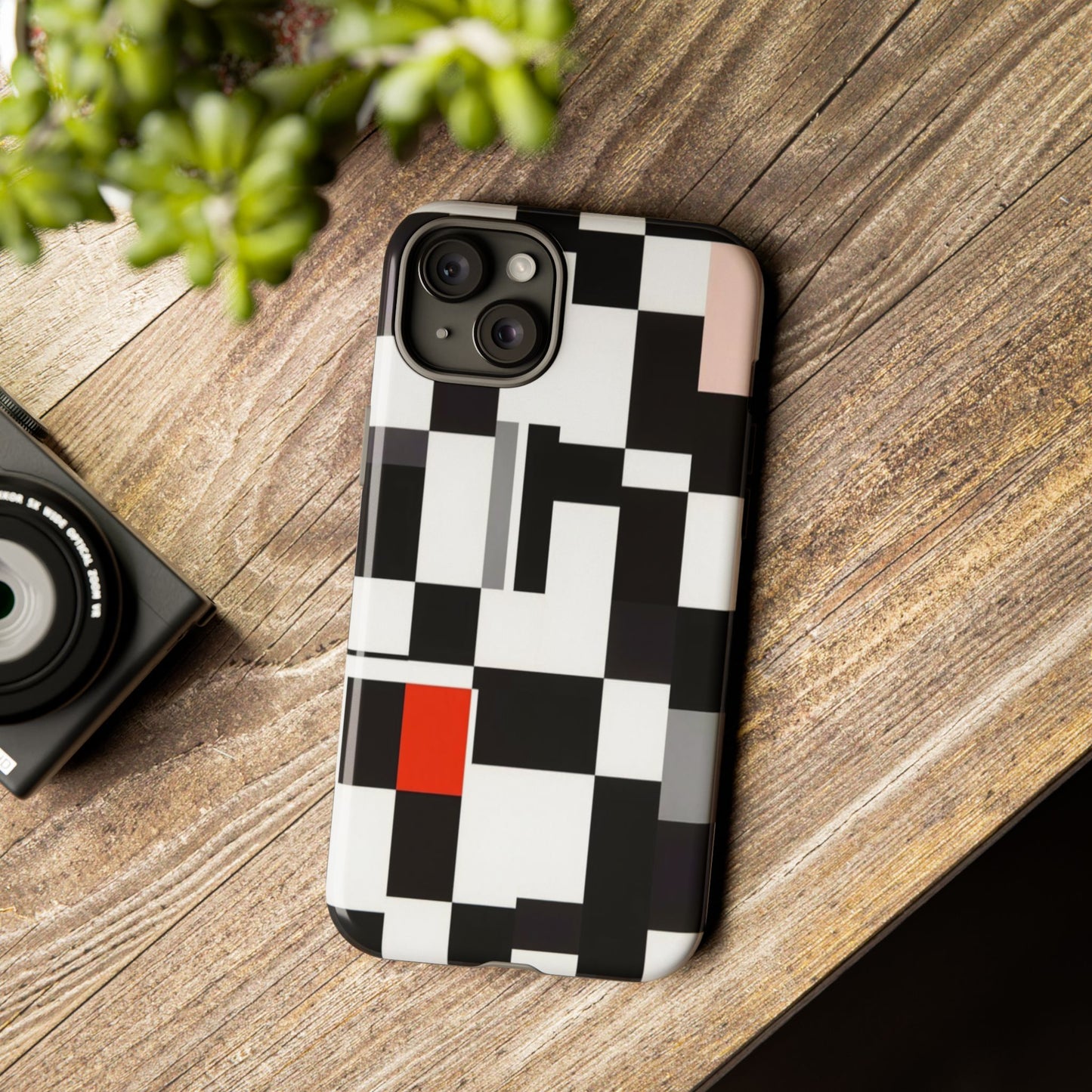 Abstract Geometric Phone Case – Black & White Checker Grid with Red Accent