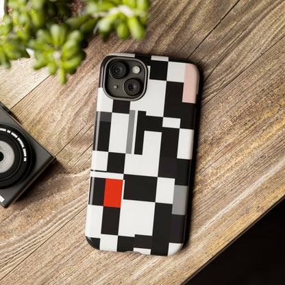 Abstract Geometric Phone Case – Black & White Checker Grid with Red Accent