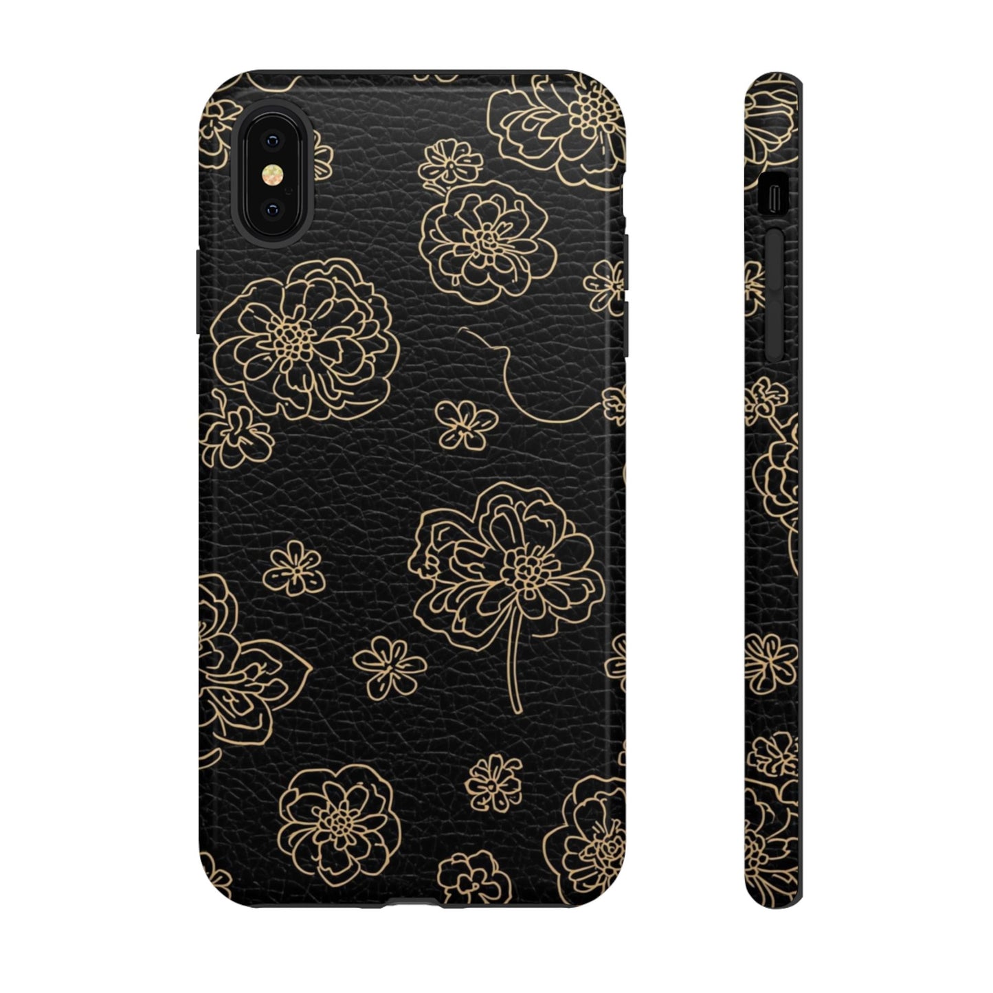 Floral Leather-Texture Tough Case – Black Gold Outline Phone Cover