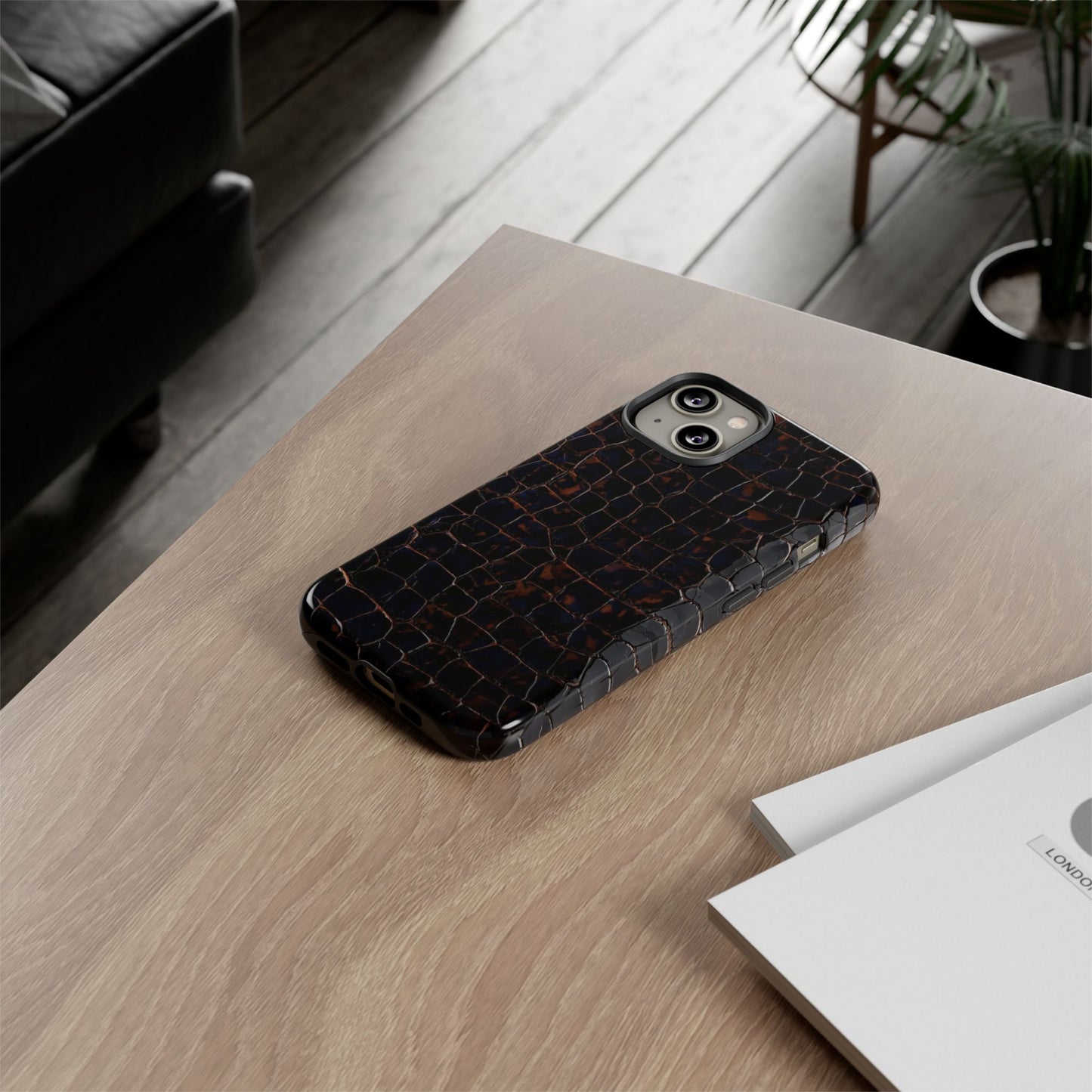 Croc-Embossed Tough Phone Case — Shockproof Black Alligator Texture