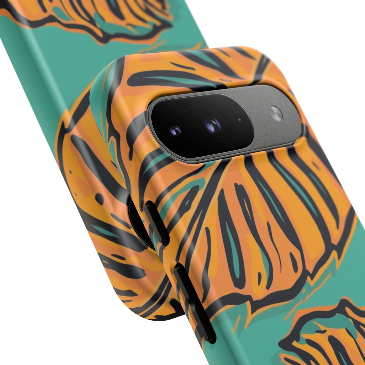 Tropical Leaf Tough Phone Case — Orange Monstera Design on Teal