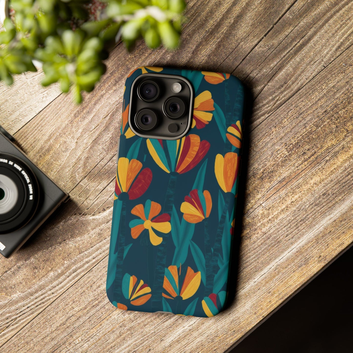 Floral Retro Teal Tough Phone Case — Vibrant Orange & Mustard Blooms