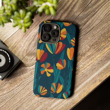 Floral Retro Teal Tough Phone Case — Vibrant Orange & Mustard Blooms
