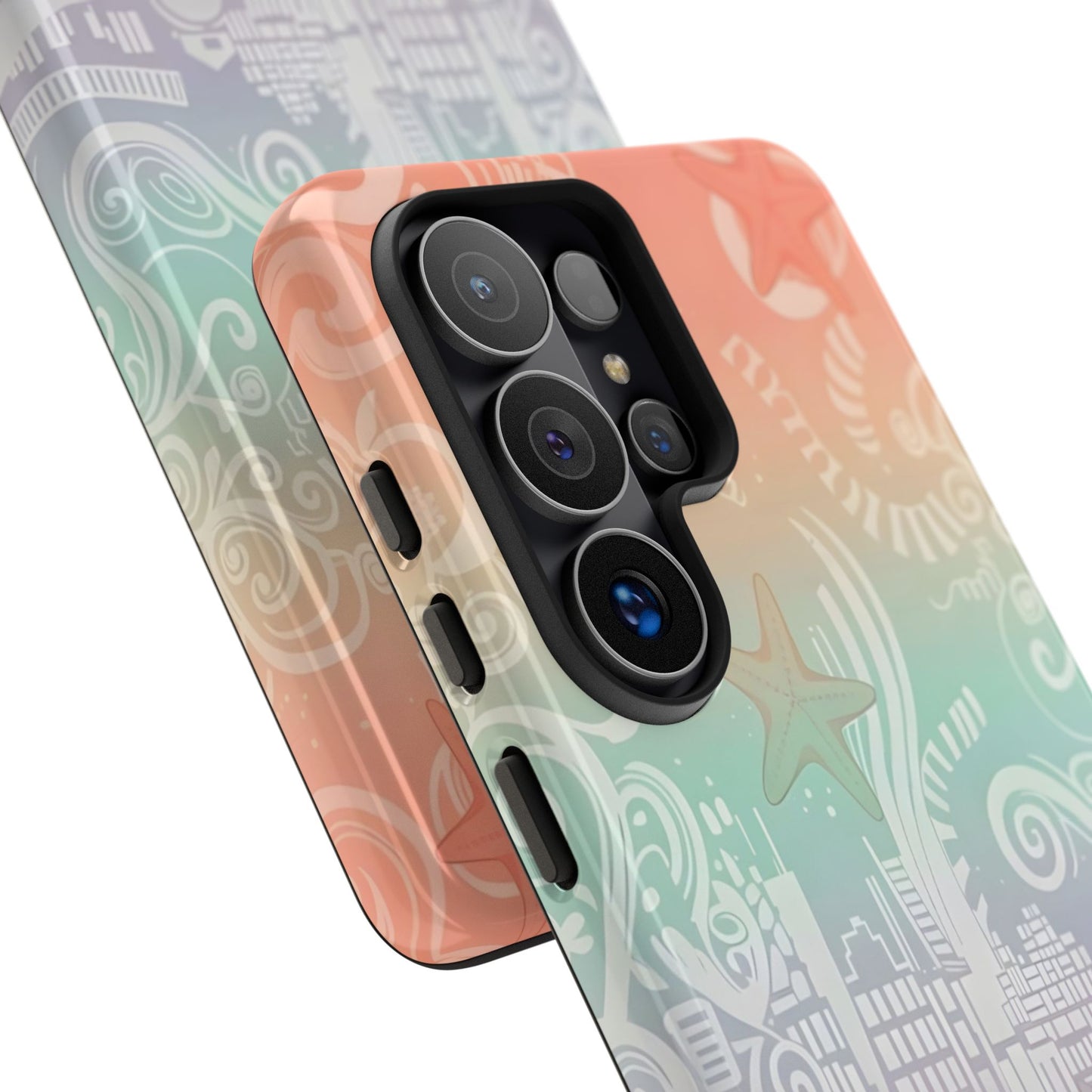 Tough Cases: Pastel Beach Pattern Phone Case — Starfish & Coastal Cityscape Protective Cover