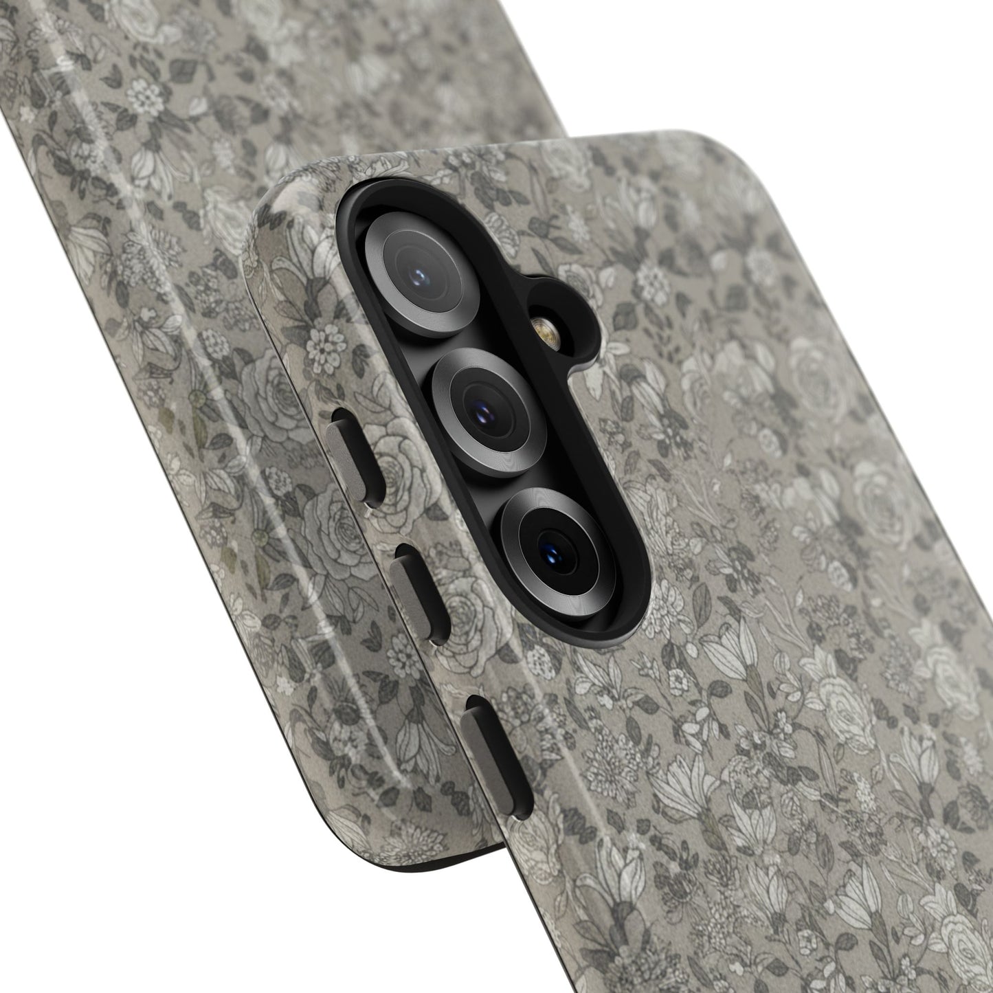 Gray Floral Tough Phone Case — Durable Protective Phone Cover with Vintage Botanical Pattern
