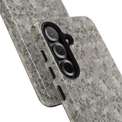 Gray Floral Tough Phone Case — Durable Protective Phone Cover with Vintage Botanical Pattern