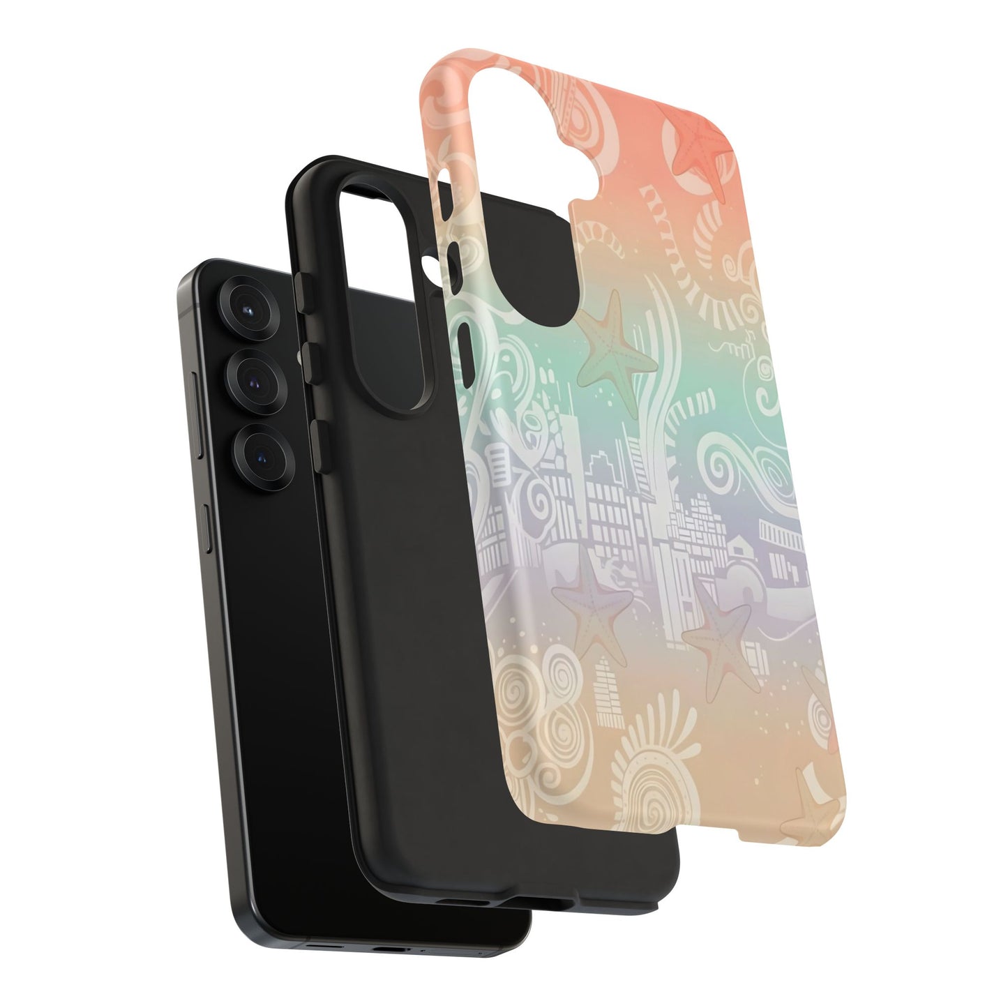 Tough Cases: Pastel Beach Pattern Phone Case — Starfish & Coastal Cityscape Protective Cover