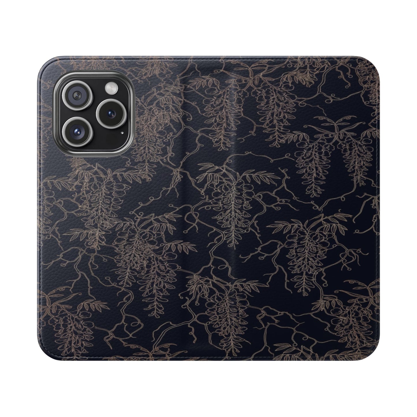Botanical Noir Flip Phone Case — Dark Floral Wallet Cover with Card Slots