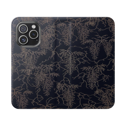 Botanical Noir Flip Phone Case — Dark Floral Wallet Cover with Card Slots
