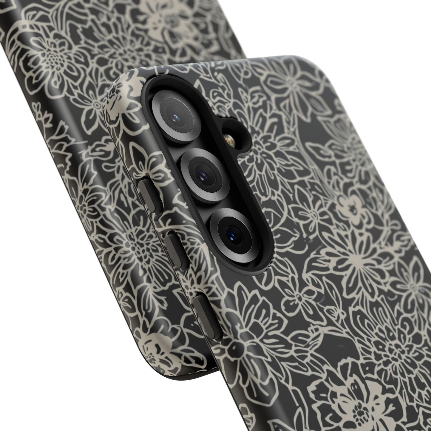 Floral Doodle Tough Phone Case — Black & White Sketch Flower Protective Cover