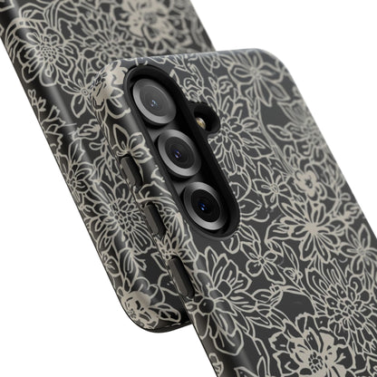 Floral Doodle Tough Phone Case — Black & White Sketch Flower Protective Cover