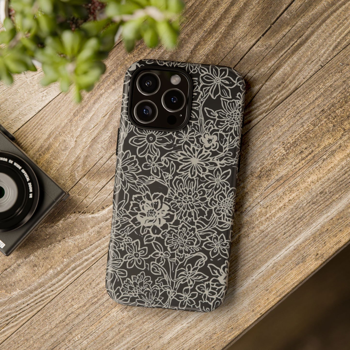 Floral Doodle Tough Phone Case — Black & White Sketch Flower Protective Cover