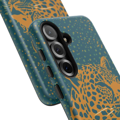Leopard Print Tough Phone Case — Gold Panther on Teal, Protective iPhone Cover