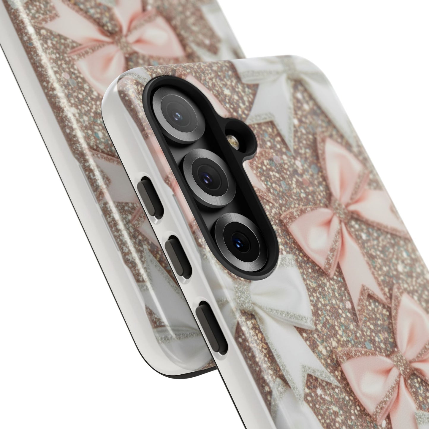 Glitter Bow Tough Phone Case — Pink & White Ribbon Protective Cover