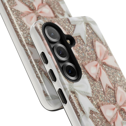 Glitter Bow Tough Phone Case — Pink & White Ribbon Protective Cover