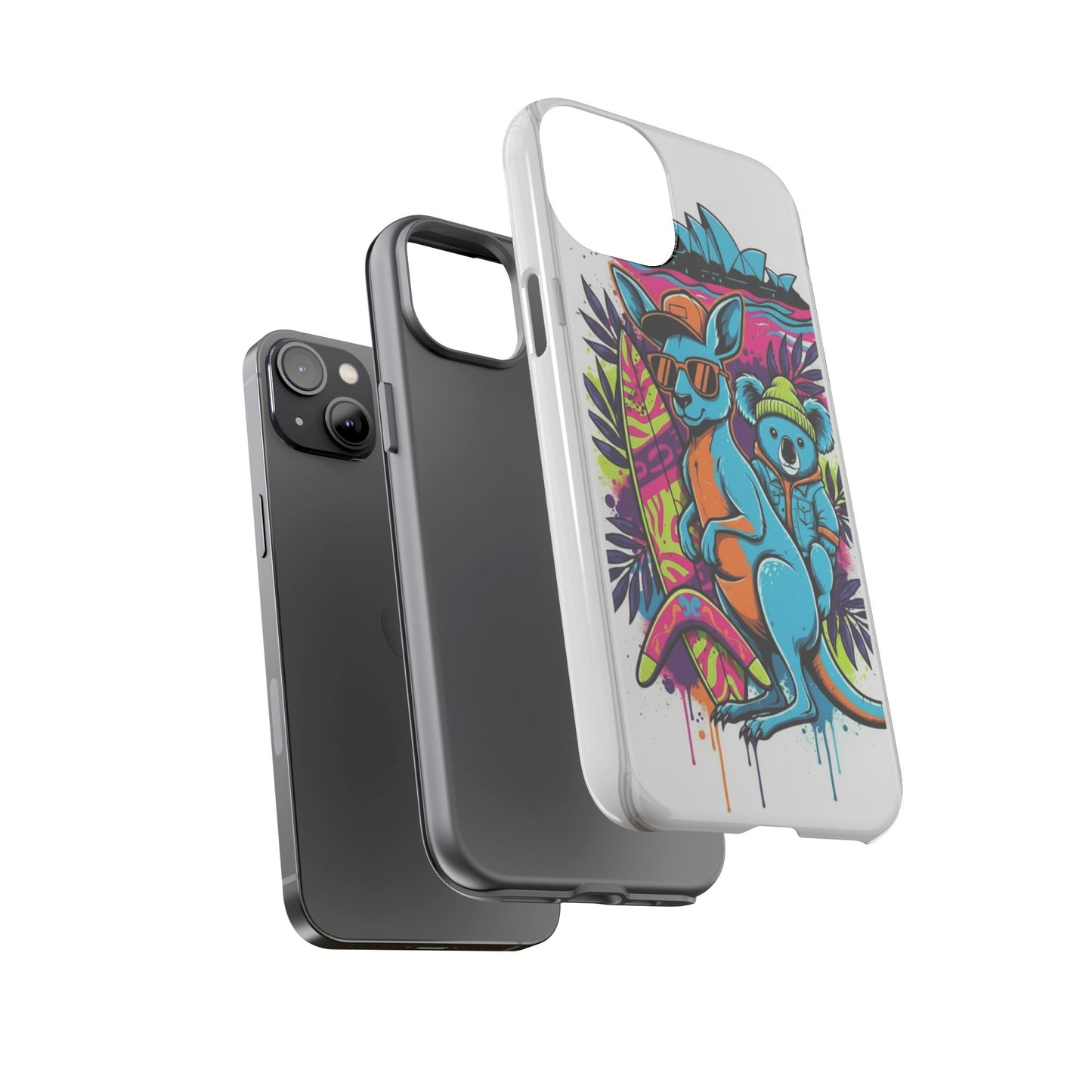 Kangaroo & Koala Surf Phone Case — Retro Neon Beach Art Tough Case