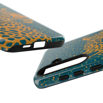 Leopard Print Tough Phone Case — Gold Panther on Teal, Protective iPhone Cover