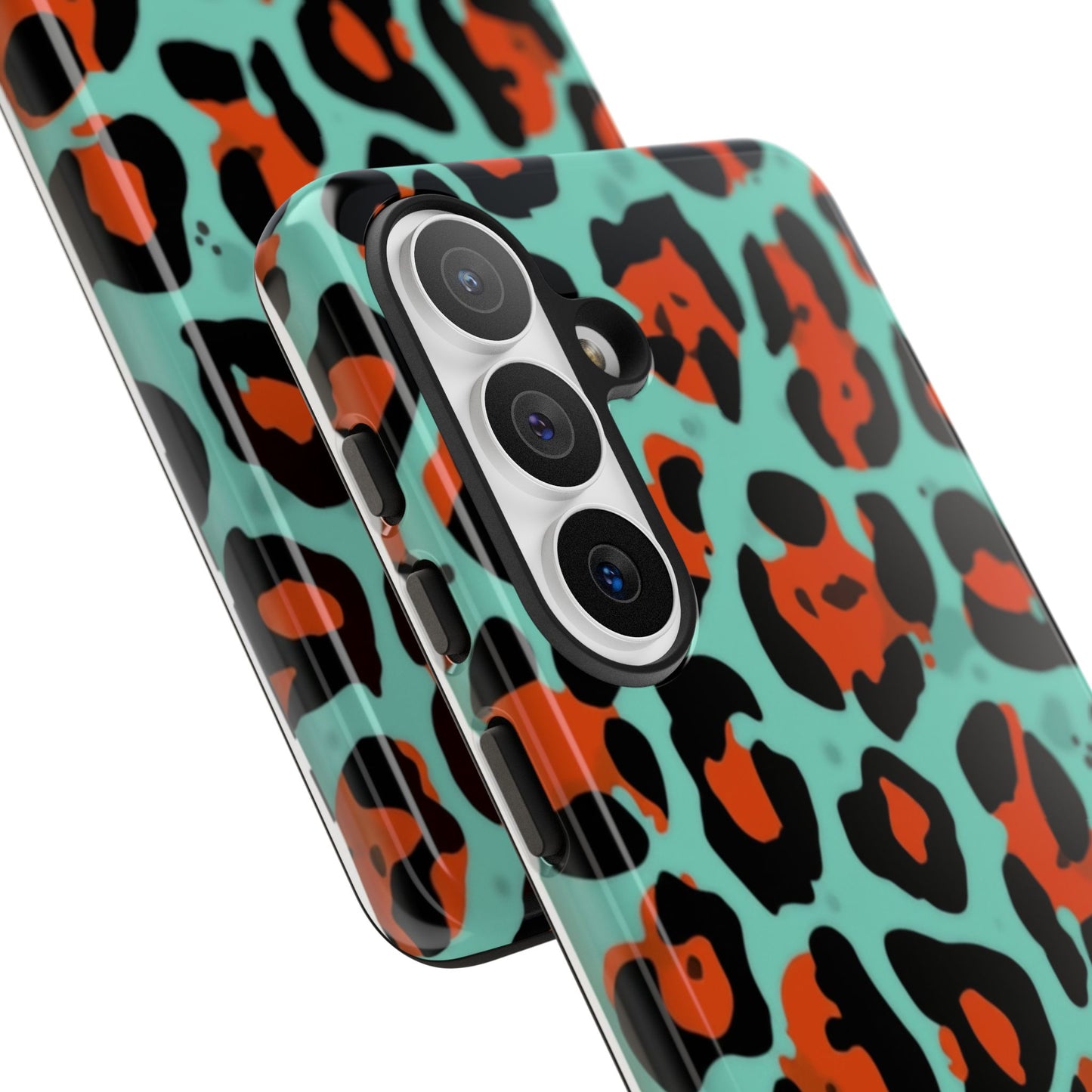 Leopard Print Tough Phone Case — Teal & Rust Protective iPhone Cover