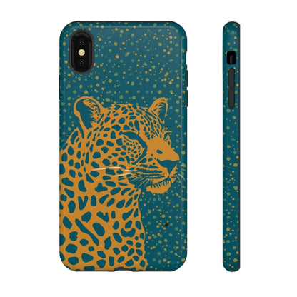 Leopard Print Tough Phone Case — Gold Panther on Teal, Protective iPhone Cover