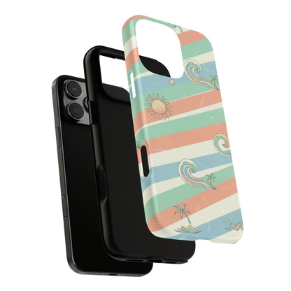 Beach Waves Tough Phone Case — Retro Surf Stripes, Palm & Sun Protective Cover