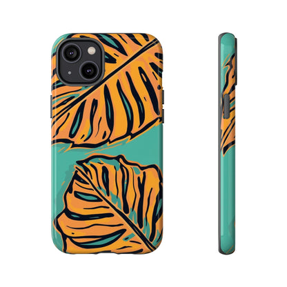 Tropical Leaf Tough Phone Case — Orange Monstera Design on Teal