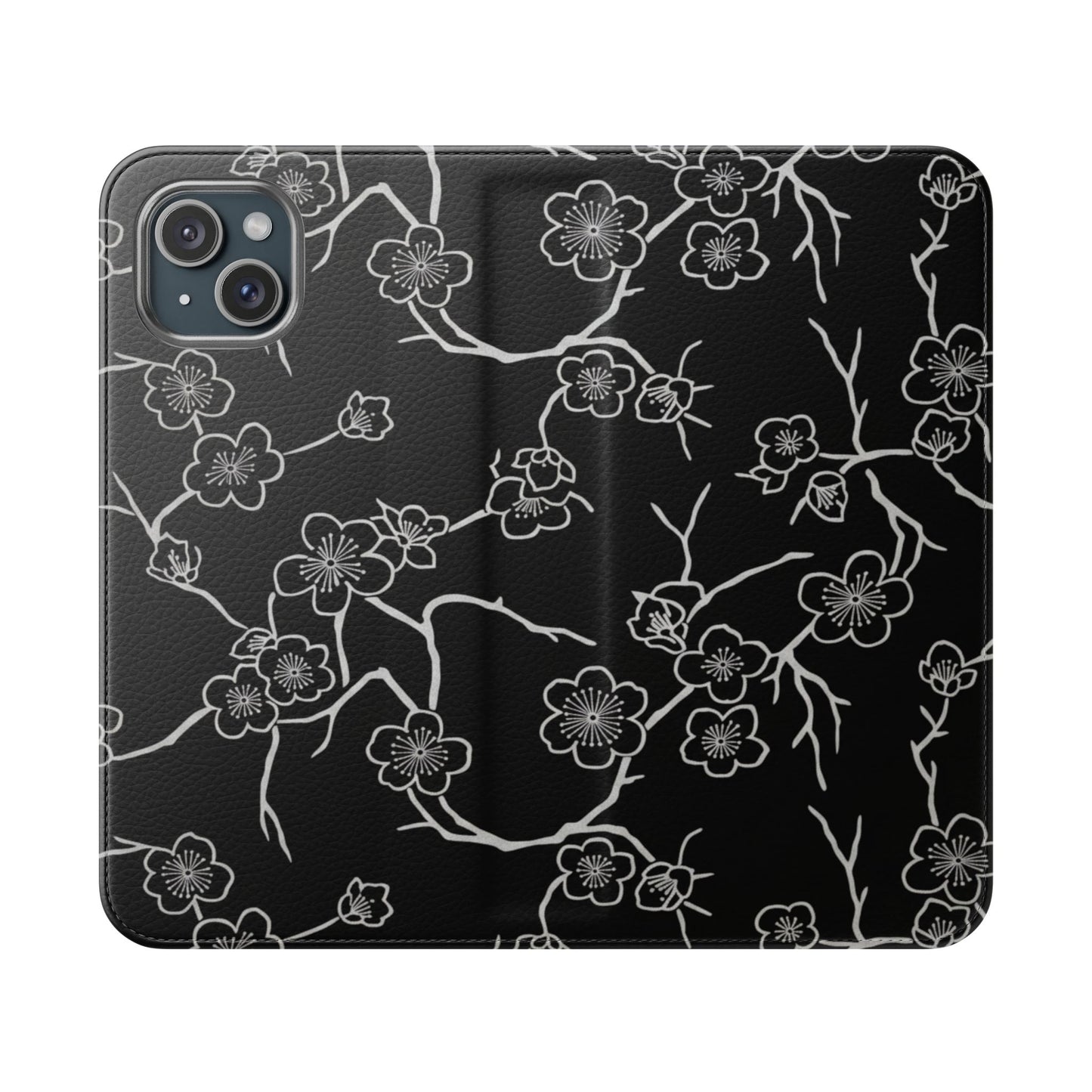 Black Cherry Blossom Flip Phone Case – Floral Wallet Flip Case with Card Slots