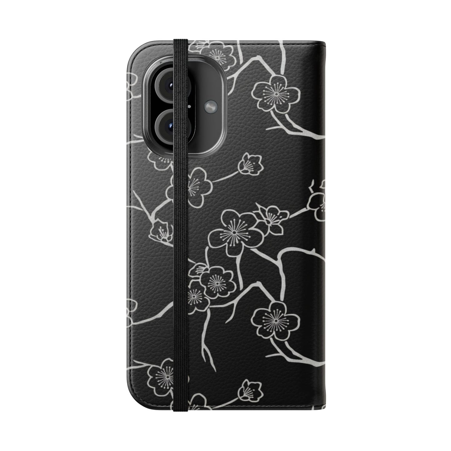 Black Cherry Blossom Flip Phone Case – Floral Wallet Flip Case with Card Slots