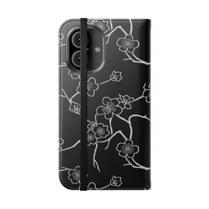 Black Cherry Blossom Flip Phone Case – Floral Wallet Flip Case with Card Slots