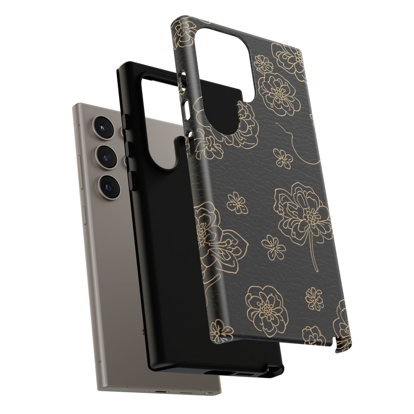 Floral Leather-Texture Tough Case – Black Gold Outline Phone Cover