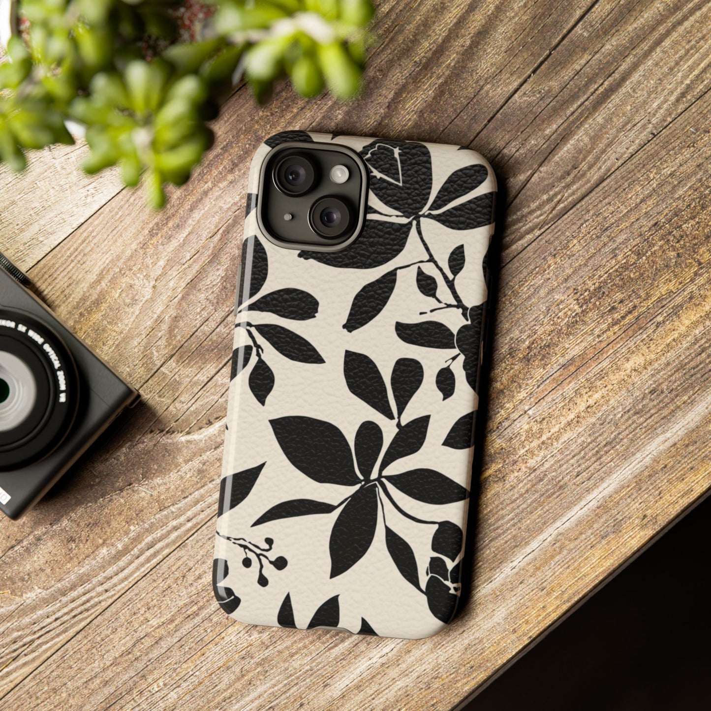 Black Floral Pattern Phone Case — Monochrome Botanical Tough Case
