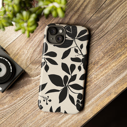 Black Floral Pattern Phone Case — Monochrome Botanical Tough Case