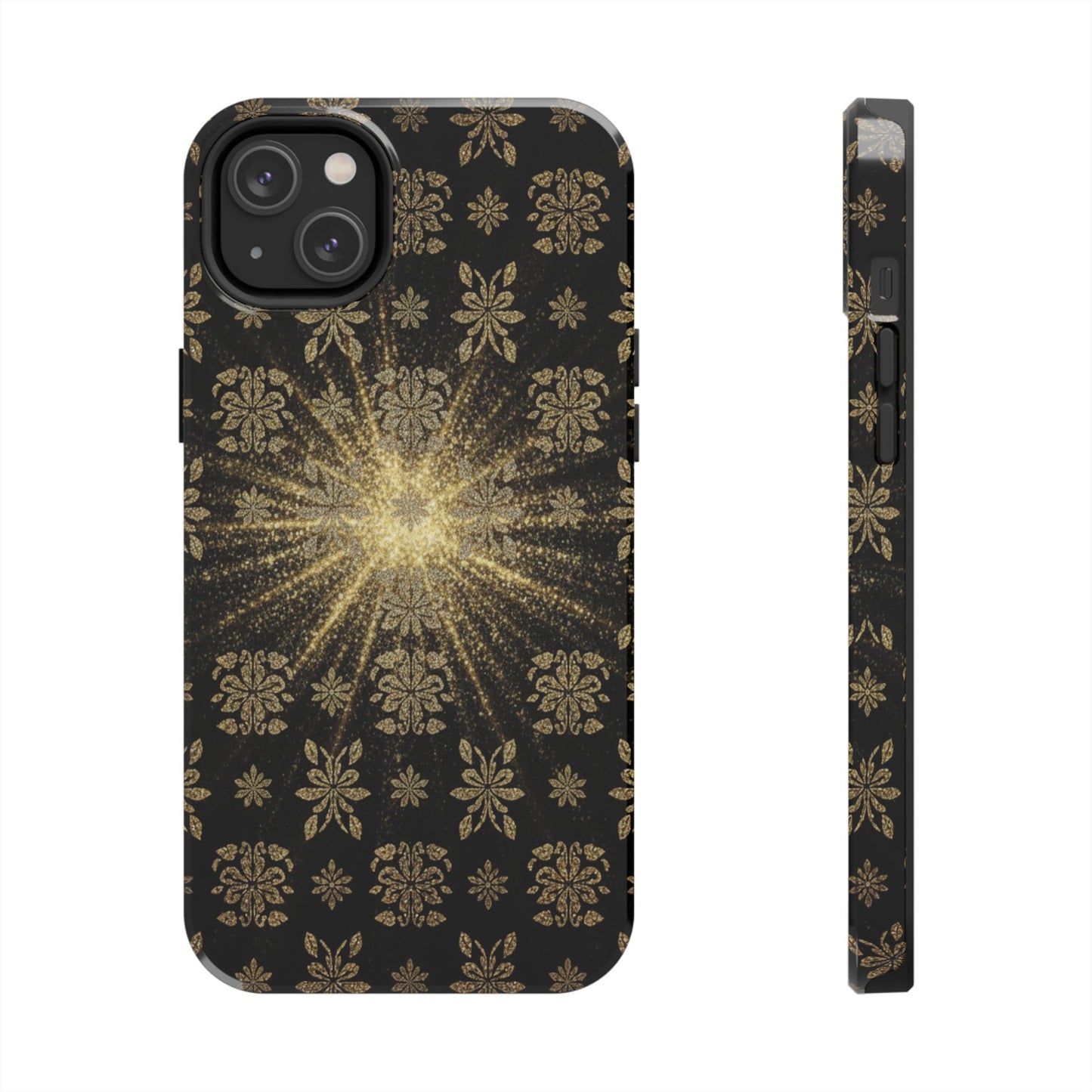 Glitter Burst Tough Phone Case — Black & Gold Floral Protective Cover