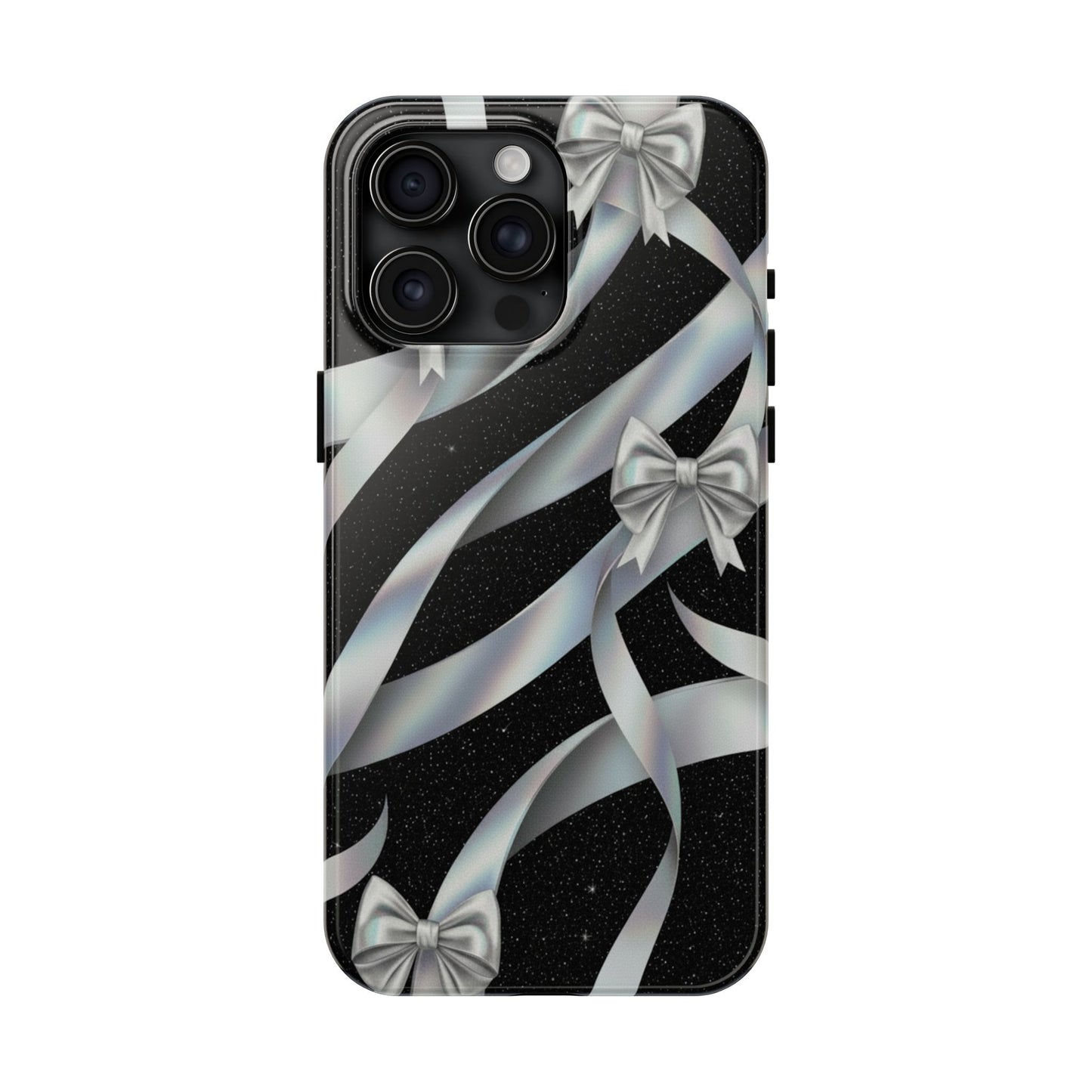 Silver Ribbon Bow Tough Phone Case — Glitter Black Protective Phone Case