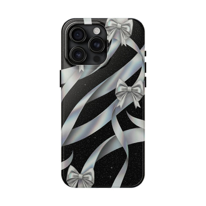 Silver Ribbon Bow Tough Phone Case — Glitter Black Protective Phone Case