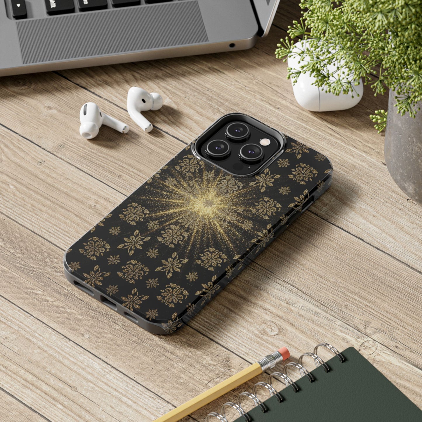 Glitter Burst Tough Phone Case — Black & Gold Floral Protective Cover